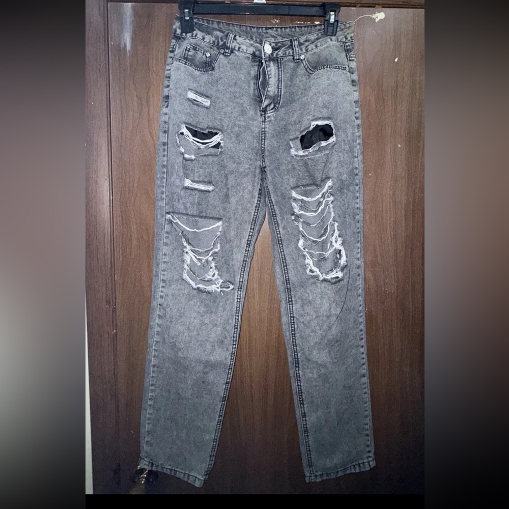 Shein High Rise Straight Jeans Size M Womens Mid Rise Dark Wash Gray Denim